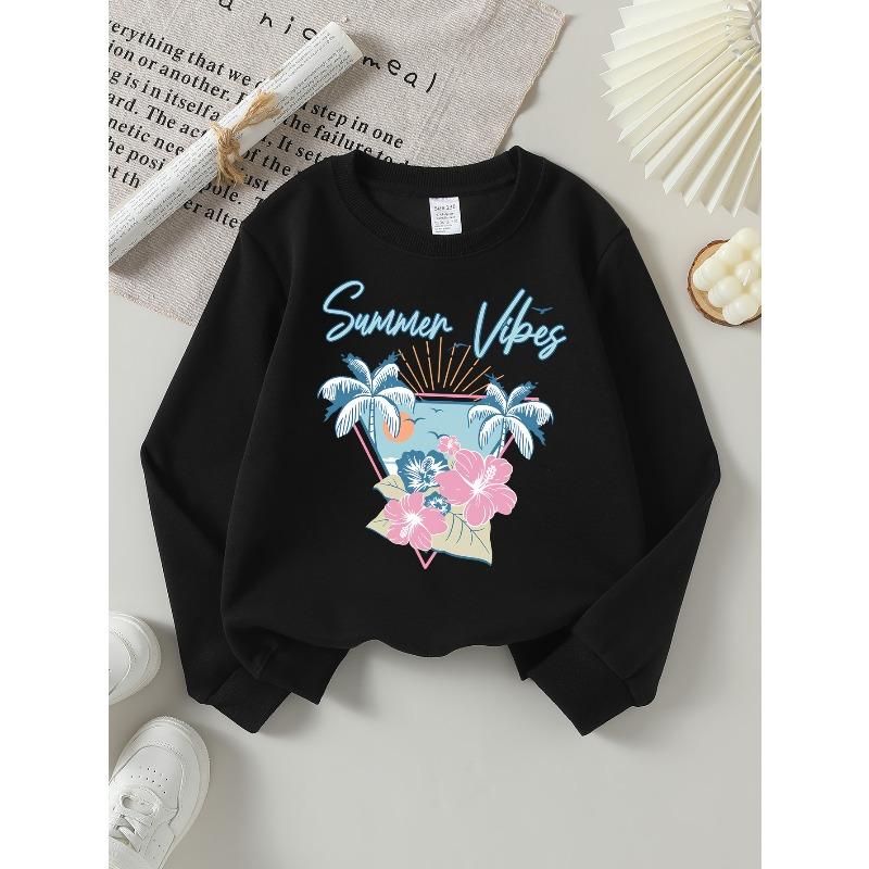 European sizes Girls' Crewneck Sweatshirt Summer Vibes Palm Trees Flowers Sunset, Soft Comfy Sportswear for Teens