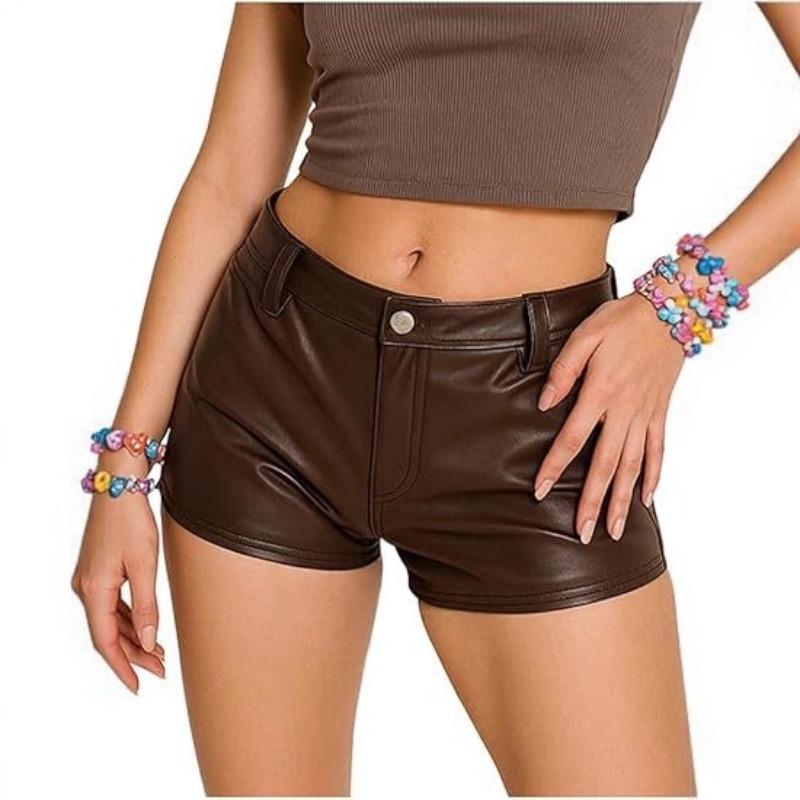 Women High Waist Faux Leather Casual Solid Mini Shorts S коричневый