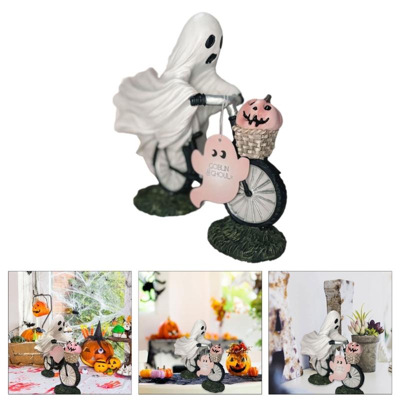 Ghostly Riding on Bicycles with Pumpkin Figurine Sculpture Indoor and Outdoor Resins Ornament Halloween Party Decoration