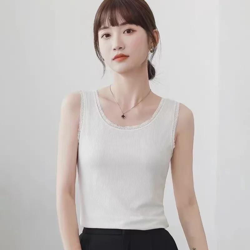 Damen Modal Geripptes Tanktop mit breiten Trägern und Spitzenbesatz - Frühling/Sommer Übergröße Lockere Passform