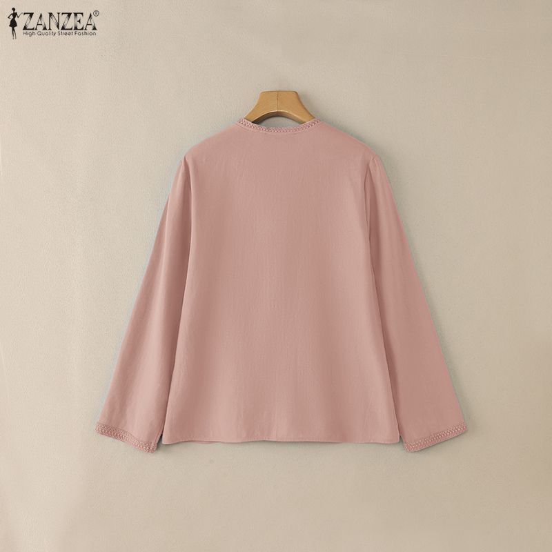 ZANZEA Dámská ležérní bavlněná halenka s kulatým výstřihem a dlouhým rukávem