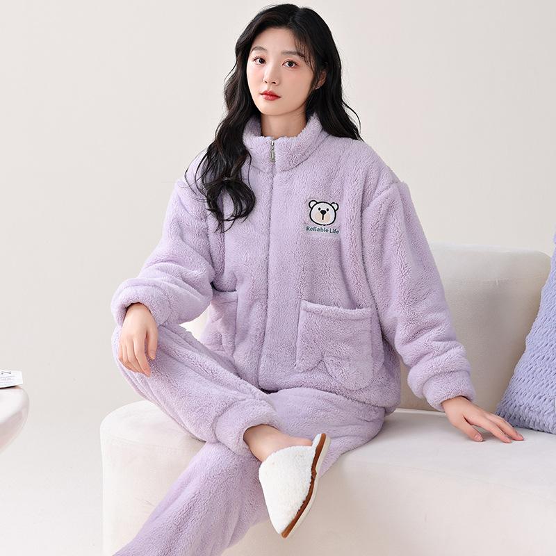 

Пижама женская осенне-зимняя коралловый флис с длинным рукавом утолщенный комплект зимний фланелевый флис женский комплект для дома 2XL