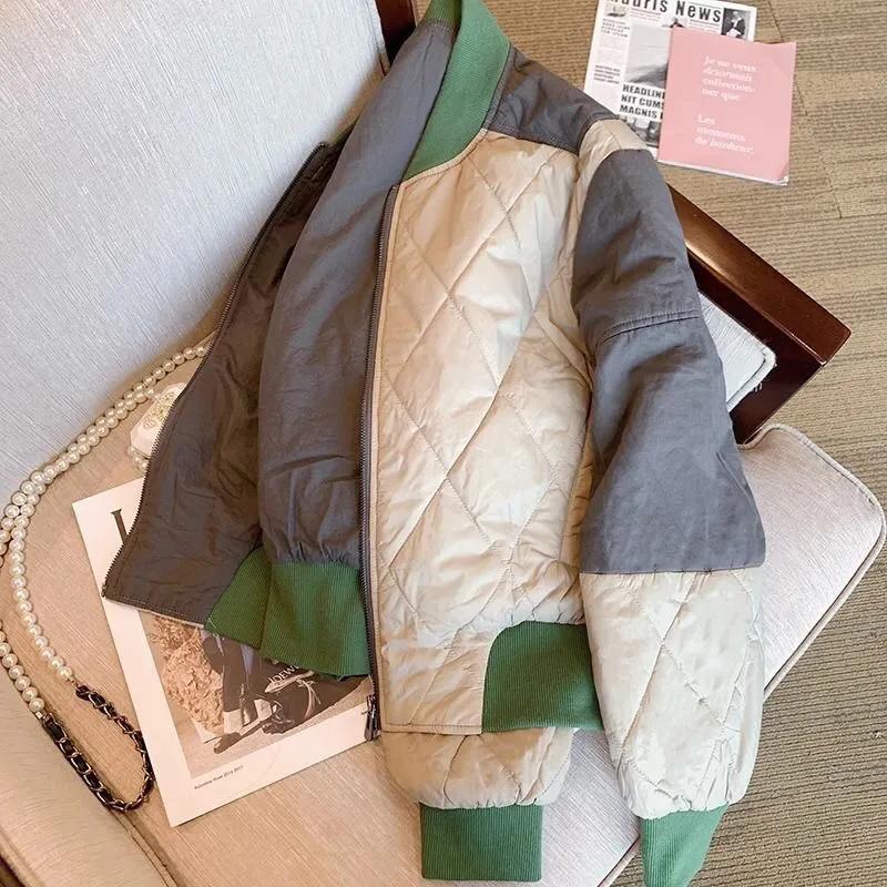 Women's Fall/Winter Loose-Fitting, Slimming Baseball-Style Cotton Jacket with Color-Blocked Diamond-Patterned Patchwork