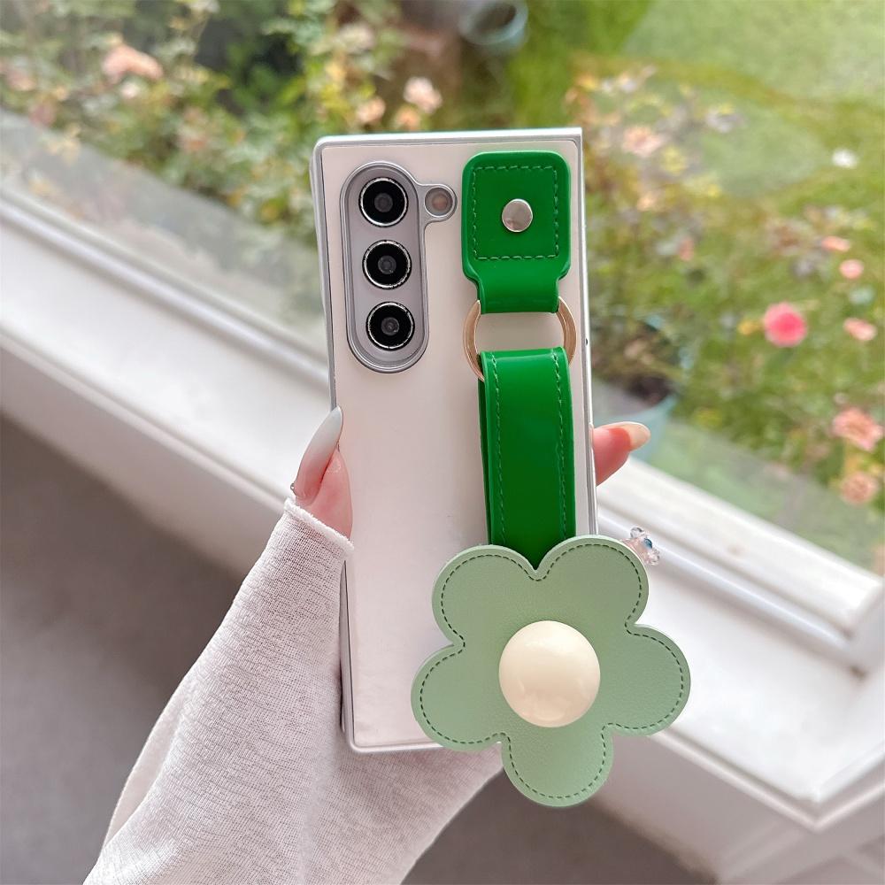 Cartoon Flower Wristband Leather Case for Samsung Galaxy Z Fold 7 6 5 Zfold 3 4 Color Collision Wrist Strap Shockproof Ins Cover