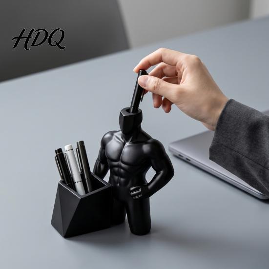 Desk Organization Supplies 3D Printed Muscular Man Pen Holder Creative Pencil Organizer with Dual Body Statue Slots Cool Decor for Office