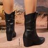 Fashion 2025 Black Thick Heel Western Boots Women Plus Size 36-43 Pointed Toe Ankle Boots Woman Autumn Winter Slip On Cowboy Botas Mujer