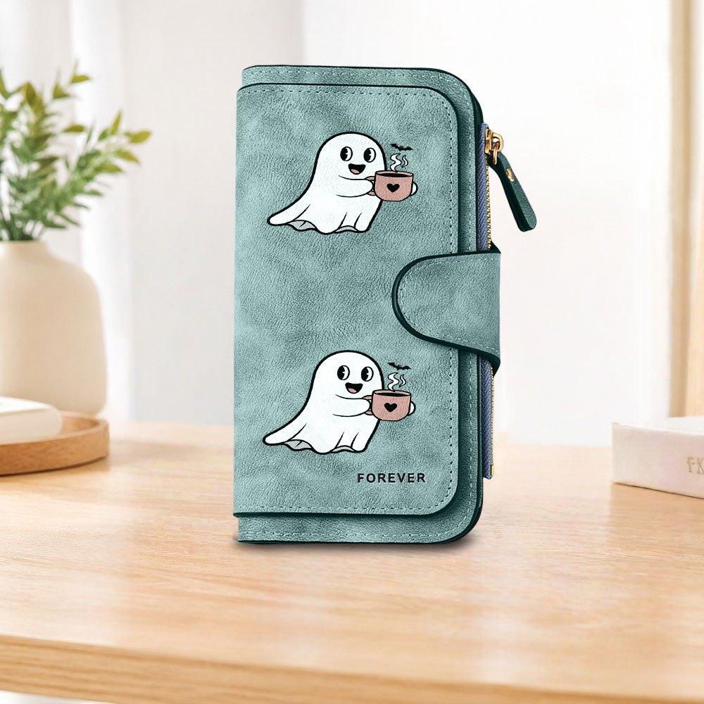 Cute Ghost Pattern Coffee Color Long Zipper Wallet Large Capacity Card Holder Unisex Clutch Bag Fashionable Zipper Coin Purse Perfect for Daily