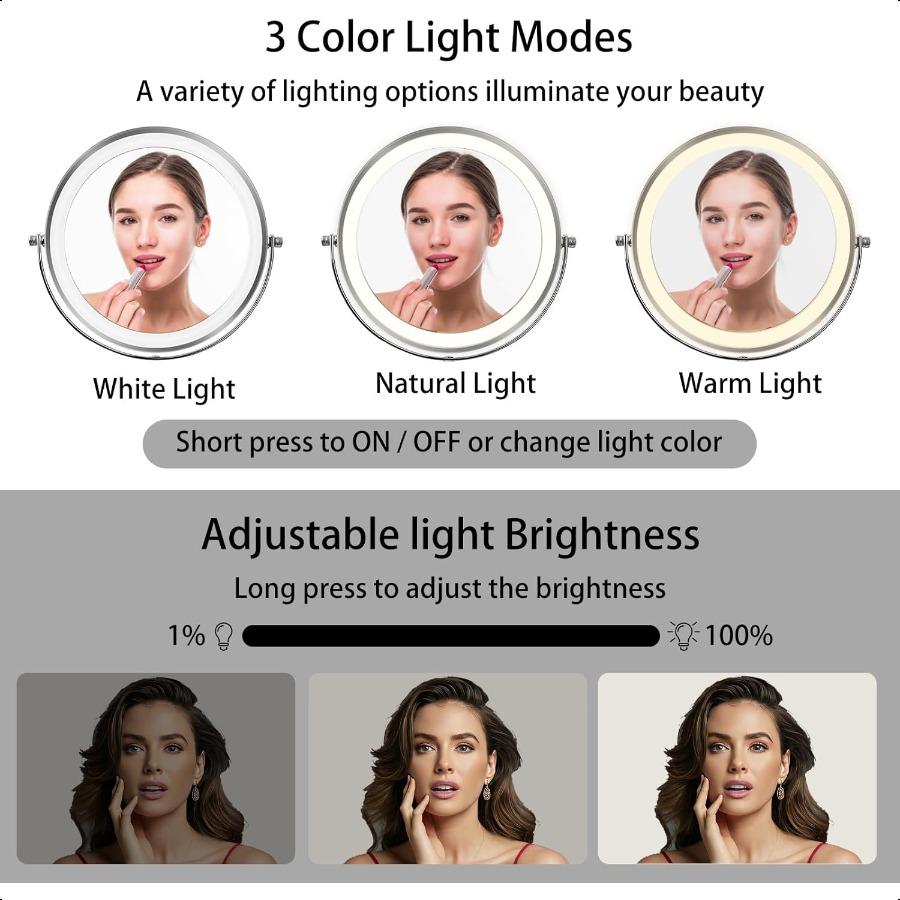 8Large Makeup Mirror with Lights1X 10X Rechargeable True Height Adjustable HD Magnifying Mirror with 3 Color Dimmable Lights 36