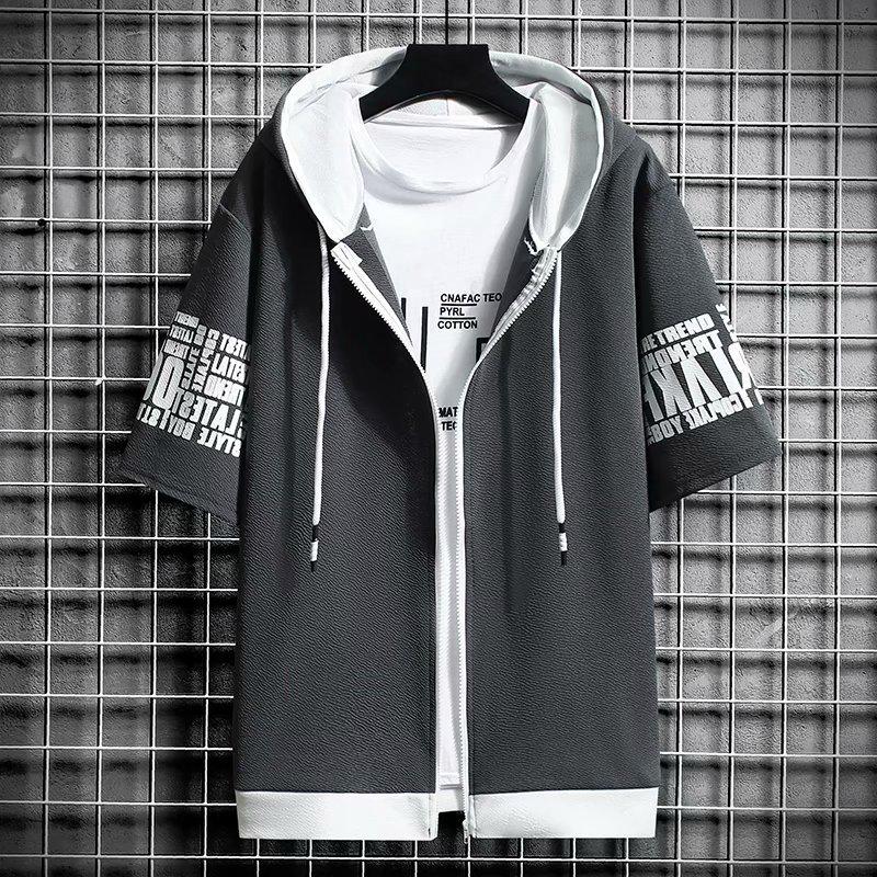 

Hong Kong Style Men s Loose Fit Hooded Cardigan T-Shirt - Trendy 5-Point Short Sleeve Summer Top M темно-сірий