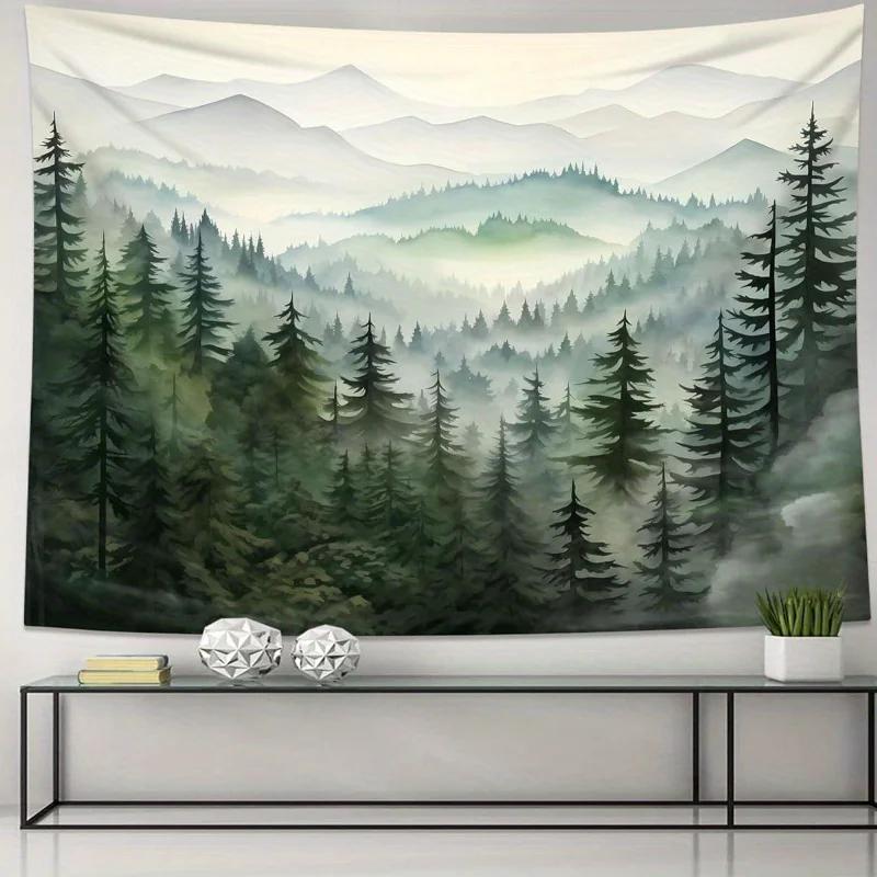 Forest and Mountains Foggy Tapestry Watercolor Landscape Wall Hanging Aesthetic Sage Green Decor For Bedroom And Living Room
