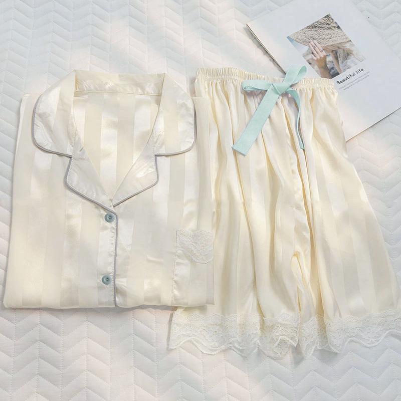 Lazy Wind Sweet Striped Short-Sleeved Shorts Ice Silk Pajamas Women'S Summer Can Wear Loungewear Women'S Suit