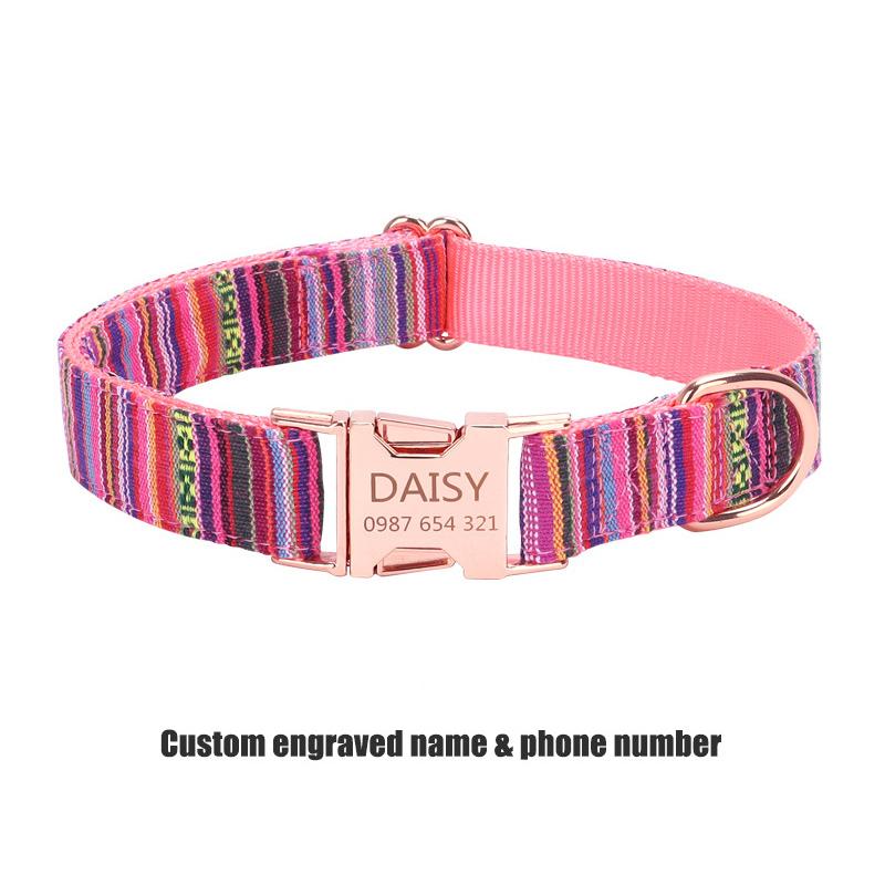 Bohemian gestreifter Hundehalsband, individuell graviert, mit Roségold-Schnalle, personalisiertes Nylonhalsband für kleine und große Hunde, tägliches Gassi gehen
