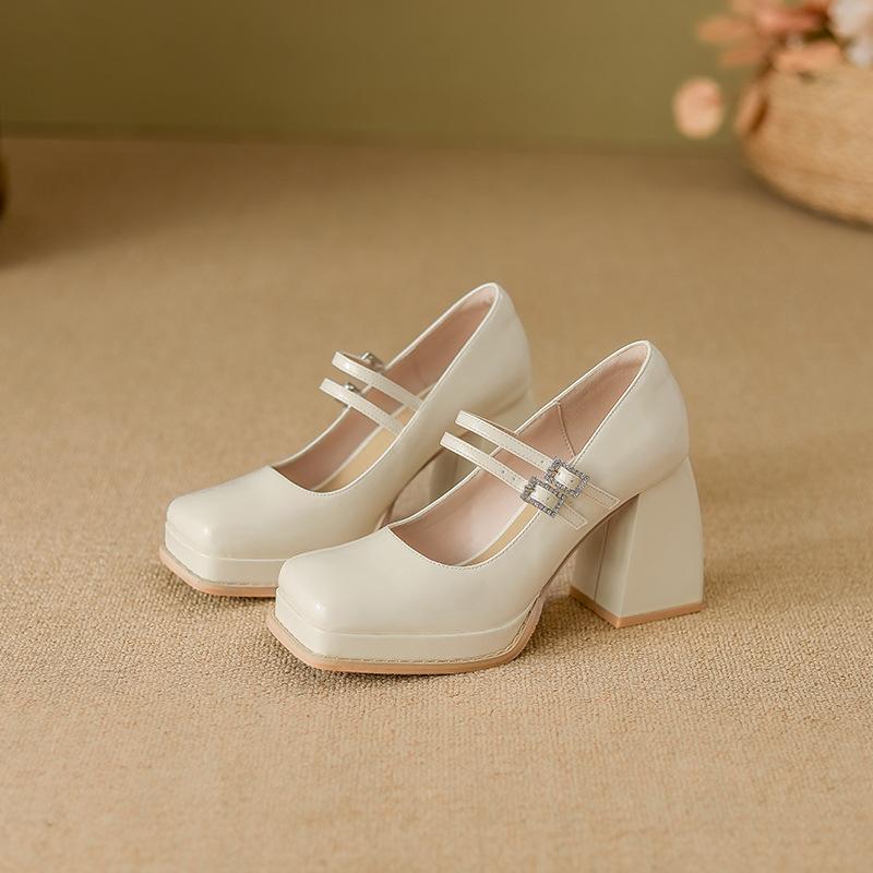 

Туфли Мэри Джейн на толстом каблуке, новые осенне-зимние, из маленькой кожи, туфли-одинарки, свадебные туфли, на высоком каблуке 42 (customizable) бежевый