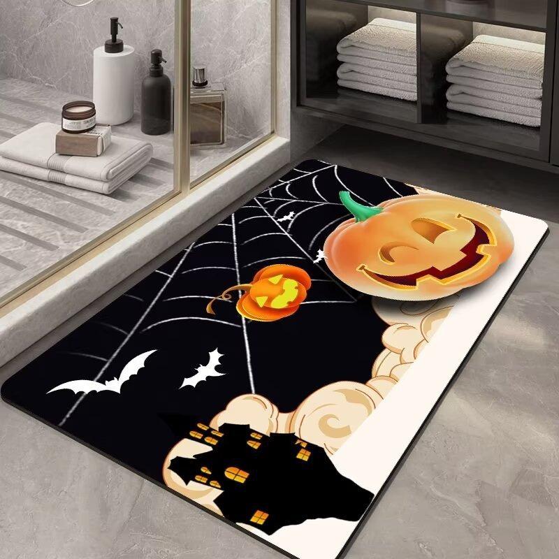 Halloween Themed Door Mat with Pumpkin Bat Pattern Non Slip Absorbent Indoor Outdoor Welcome Mat for Home Decor
