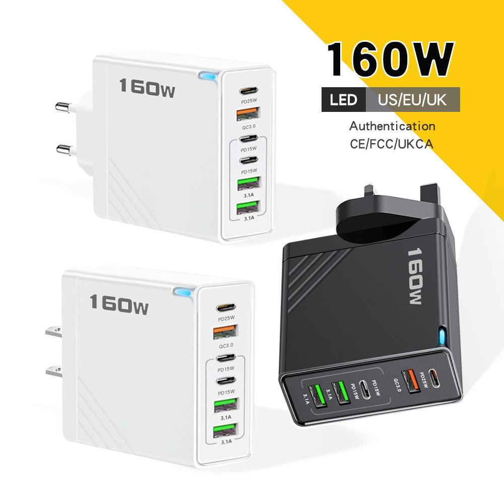 160W Multi-Port Fast Charger: 3 USB + 3 Type-C, EU/UK Plug, Compatible with Apple, Huawei, Xiaomi
