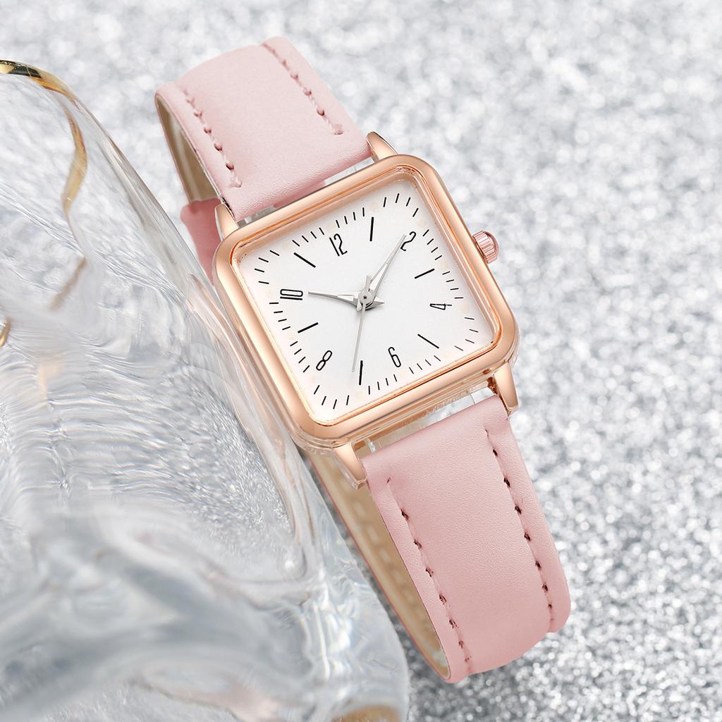 6PCs/Set Women's Fashion Watch Square Simple Dial Leather Quartz Watch with Love Bracelet Set