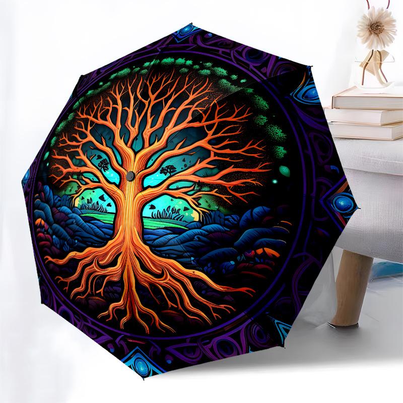 Enchanted Tree of Life Stained Window PanelUmbrella, Portable 3-Fold Compact Umbrella for Men & Women Gift