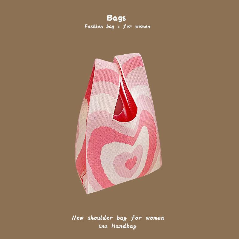 Ins Trendy Handbag Women'S Knitted Wool Bucket Bag Hand Carry Casual Tote Bag Box Lunch Bag