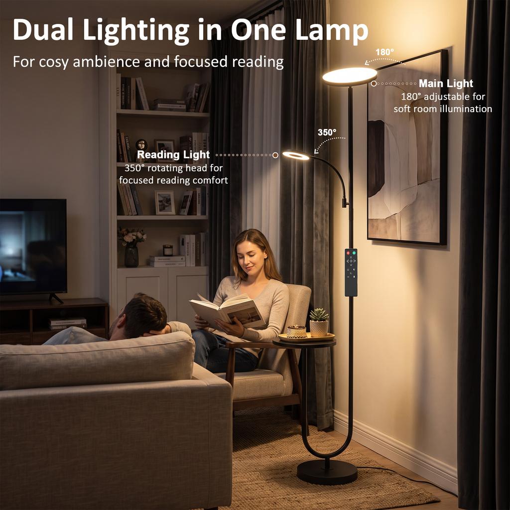 Uplighter Floor Lamp with Table and Reading Light, Dual Light Dimmable Standing Lamp with Remote & 4 Colour Temperatures