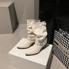 Pointed cowhide version thick heel white short boots women's 2025 new British style belt buckle Martin boots temperament medium tube pile