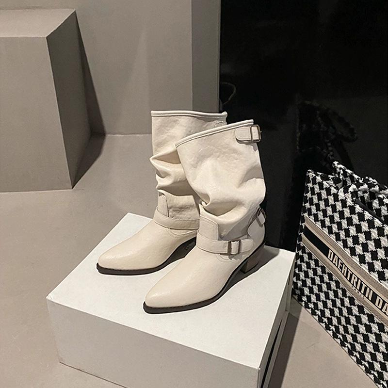 Pointed cowhide version thick heel white short boots women's 2025 new British style belt buckle Martin boots temperament medium tube pile