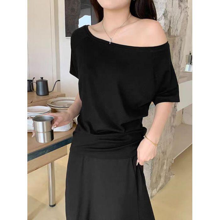 Korean slanted shoulder slack off-shoulder short-sleeved t-shirt women's summer loose lazy babes student bottoming top