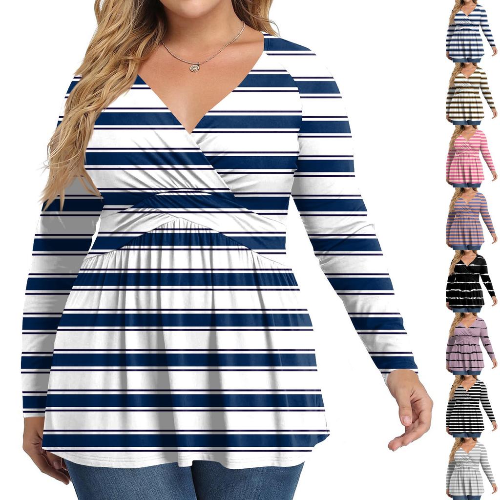 Women's Plus Size Shirt Long Sleeve  Print Top Pleated Casual V-Neck Top