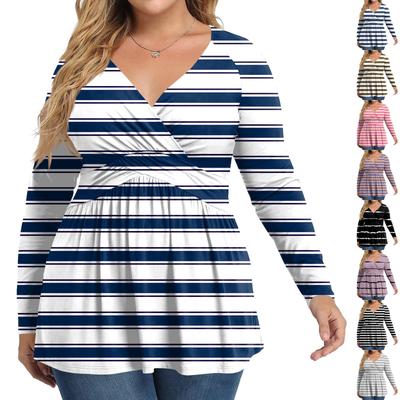 Women's Plus Size Shirt Long Sleeve  Print Top Pleated Casual V-Neck Top