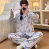 Cloud Cotton Korean Style Striped Plaid Pajama Set: Long Sleeve Cardigan & Pants for Indoor/Outdoor Wear, Real Shot.
