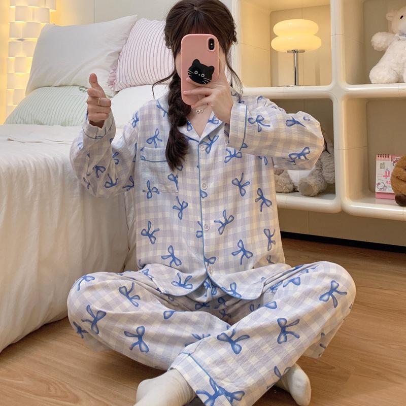Cloud Cotton Korean Style Striped Plaid Pajama Set: Long Sleeve Cardigan & Pants for Indoor/Outdoor Wear, Real Shot.