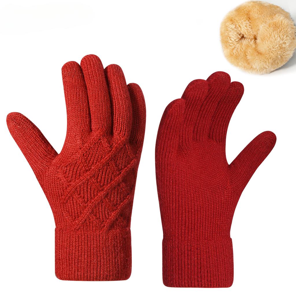 Women Autumn Winter Knit Gloves Double Layer Fleece Lined Thick Warm Minimalist Jacquard Touchscreen Gloves