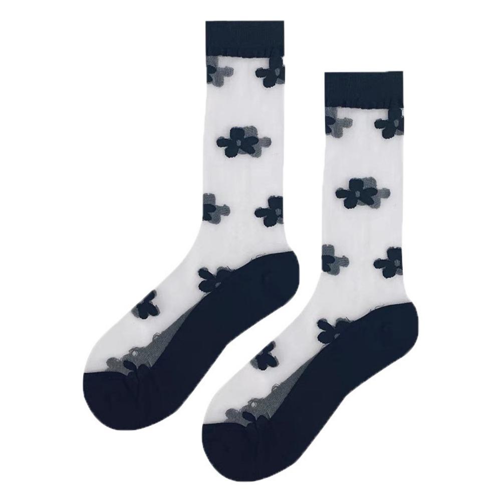 New Korean Version Crystal Silk Ins Hyunya Style Flower Medium Tube Socks Crystal Glass Silk Love Stacking Socks Thin Socks