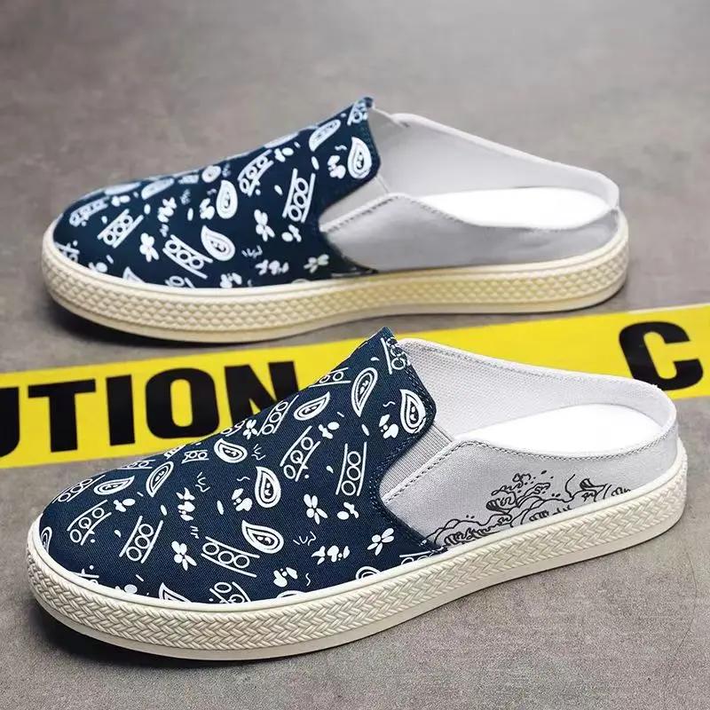 Mule Homme Été Nouvelles Chaussures Décontractées Demi-Mules Toile Respirante Semelle Souple Chaussure de Marche Légère Chaussures Vulcanisées