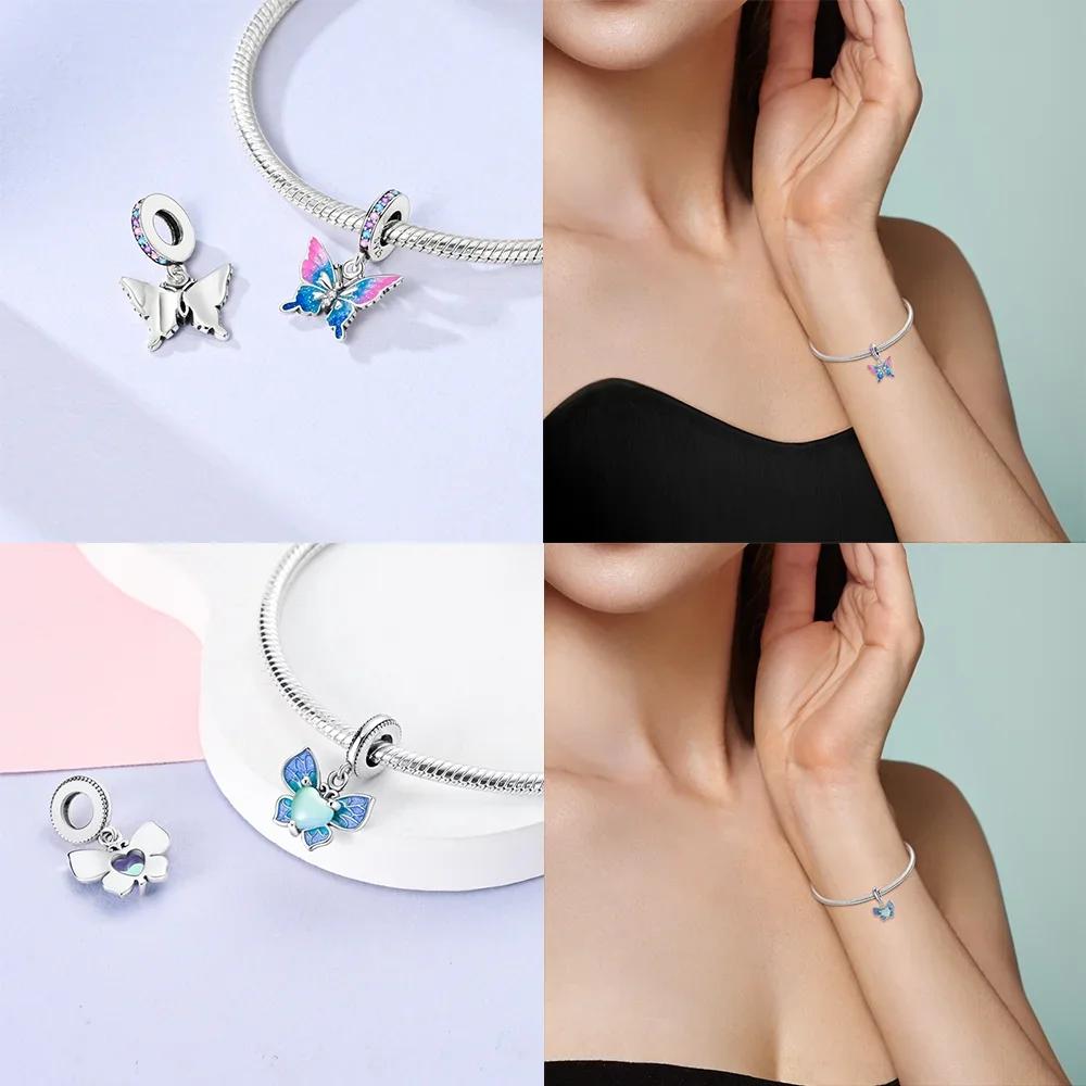 Copper Blue Series Butterfly Beads Pendant Fit Bangle Charms Bracelet Diy Women Original Jewelry