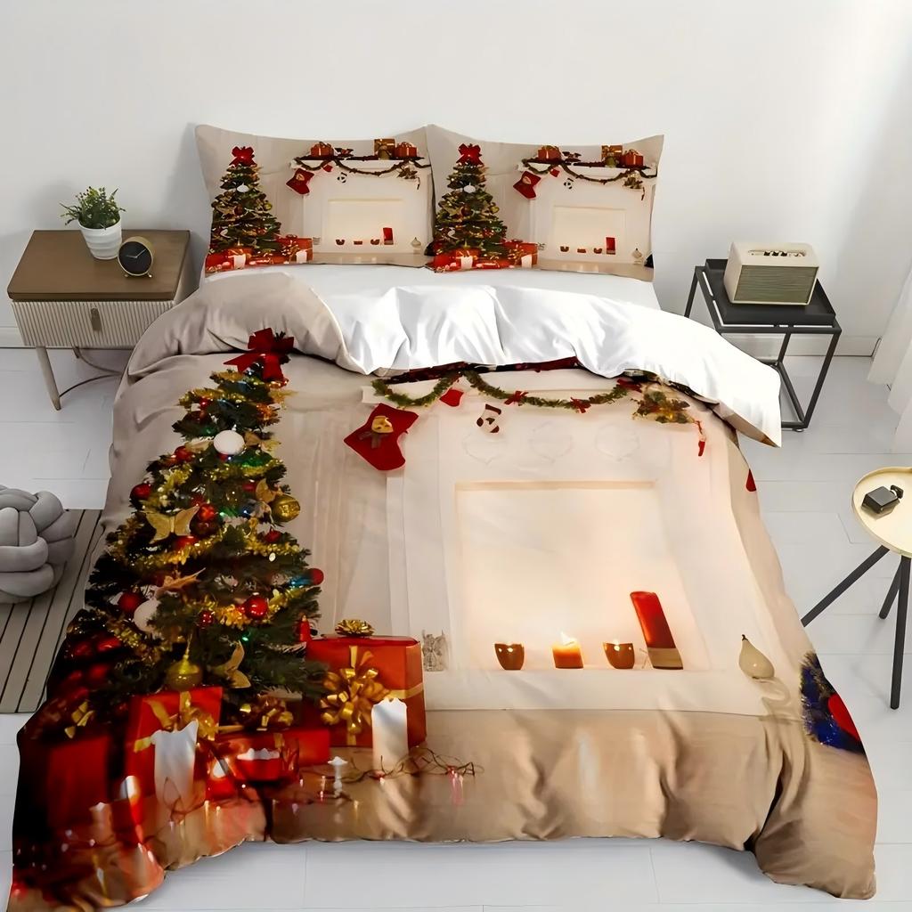 Christmas Tree Fireplace 3D Printed Duvet Cover Set Soft Comfortable Luxury Bedding Set Christmas Theme Quilt Cover Pillowcases
