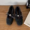 French Small Fragrant Mary Jane Shoes 2025 Velvet Warm Round Head Shallow Mouth with Skirt Knot Pearl Evening Shoes