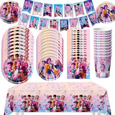 KPop Girl Demon Hunter Birthday Party Decorations Purple Disposable Tableware Anime Pink Balloons Backdrop Banner Cake Toppers