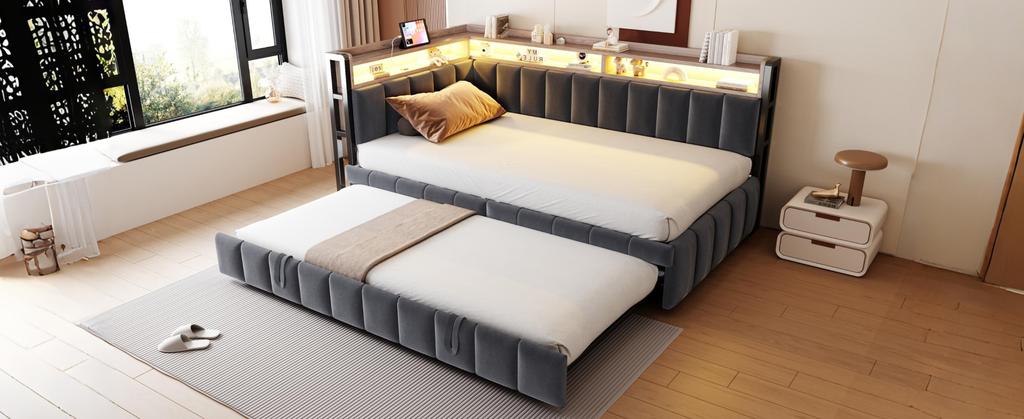 Canapé-lit individuel rembourré 90x200cm avec lit gigogne, éclairage LED, rangement aux extrémités tête et pied, ports USB et Type-C, tissu velours gris foncé