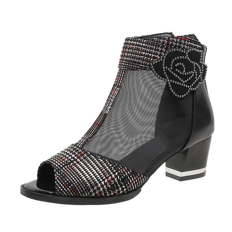 Fashion 2024 Summer Women's Sandals Fish Mouth Shoes Mid-heel Large Size Women's Shoes Breathable Women's Shoes Lace Mesh High Heels