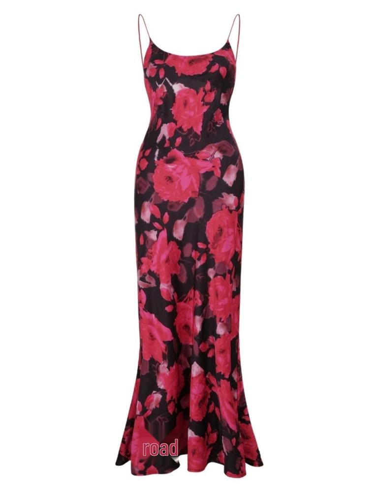 ZT6777 Sexy Printed Spaghetti Strap Slimming High Waist Maxi Dress