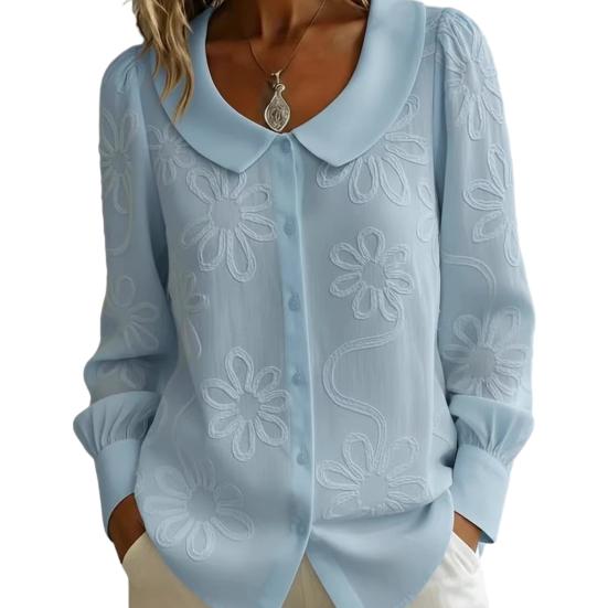 Women Shirt Loose Fit Doll Collar Long Sleeve Buttons Placket Shirt Tops Embroidery Flower Jacquard Pattern Loose Fit Shirt