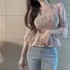 Blusen Damen Chiffonhemd Schlank Floralprint Laternenärmel Elegantes Weibliches Temperament Schülerinnen Sommer All-Match Freizeit Urlaubsbekleidung
