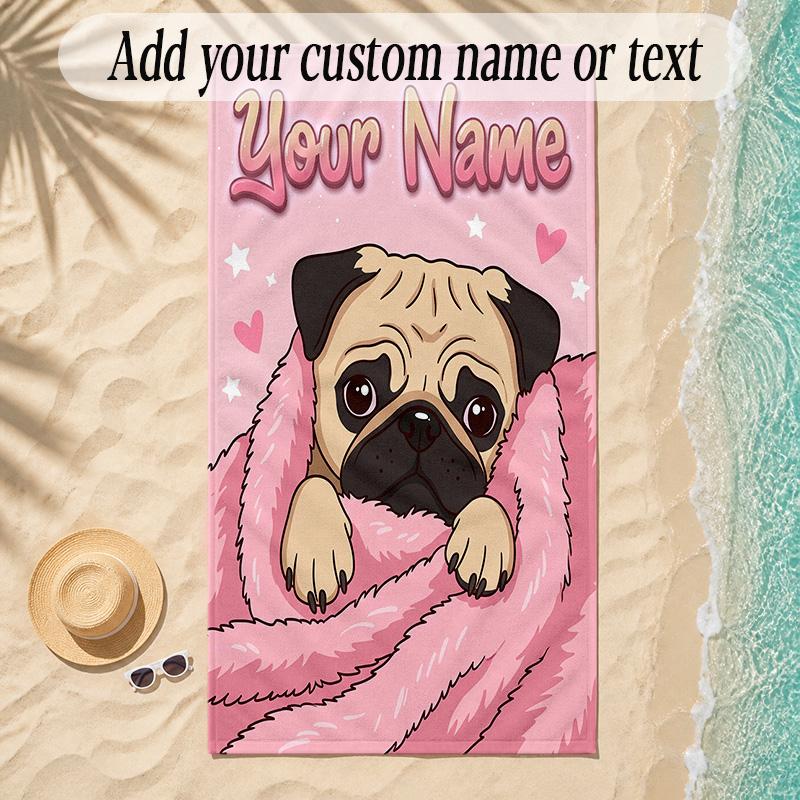 Pug Theme Soft Beach Towel Personalized Custom Name Text Towel Portable for Beach Pool Travel