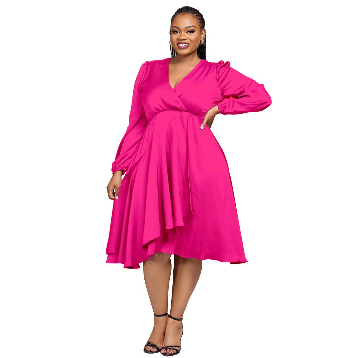 

Весенне-осеннее женское платье больших размеров с длинным рукавом, завязкой на резинке на талии и V-образным вырезом 5XL ярко-розовый
