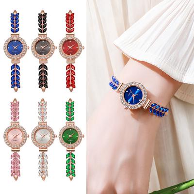 Damen Strass Blatt Uhr Rundes Zifferblatt Damen Casual Formell Kleid Quarz Armband Armbanduhr Mode Schmuck Zubehör