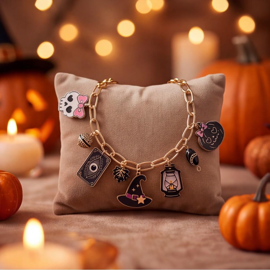 Halloween-themed bracelet featuring cute acrylic charms and playful ghost and pumpkin decorations.