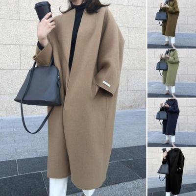 Vintage Women Woolen Cardigan Long Sleeve Open Stitch Jacket Windproof Cold Resistant Outdoor Winter Long Coat