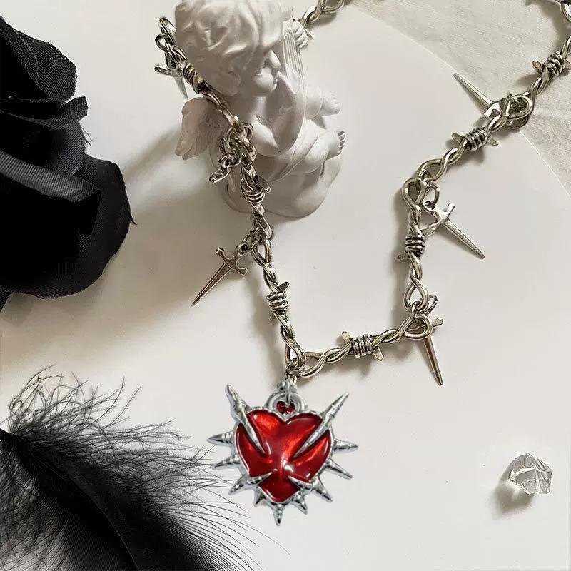 Goth Black Cross Pentagram Red Thorns Heart Pendant Chain Necklace For Women Men Grunge Punk Halloween Jewelry Y2K Accessories