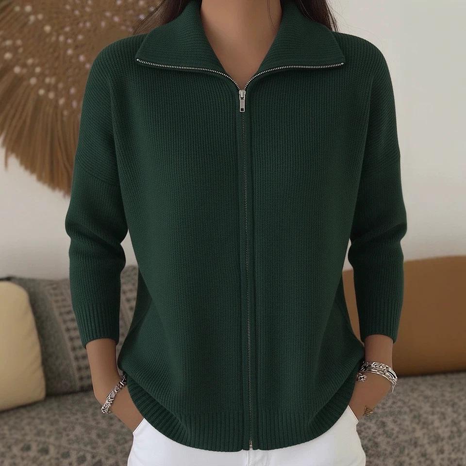 2026 Autumn/Winter Women's Solid Color Zipper Lapel Knit Cardigan: Loose Long Sleeve Sweater Coat for European and American Markets.