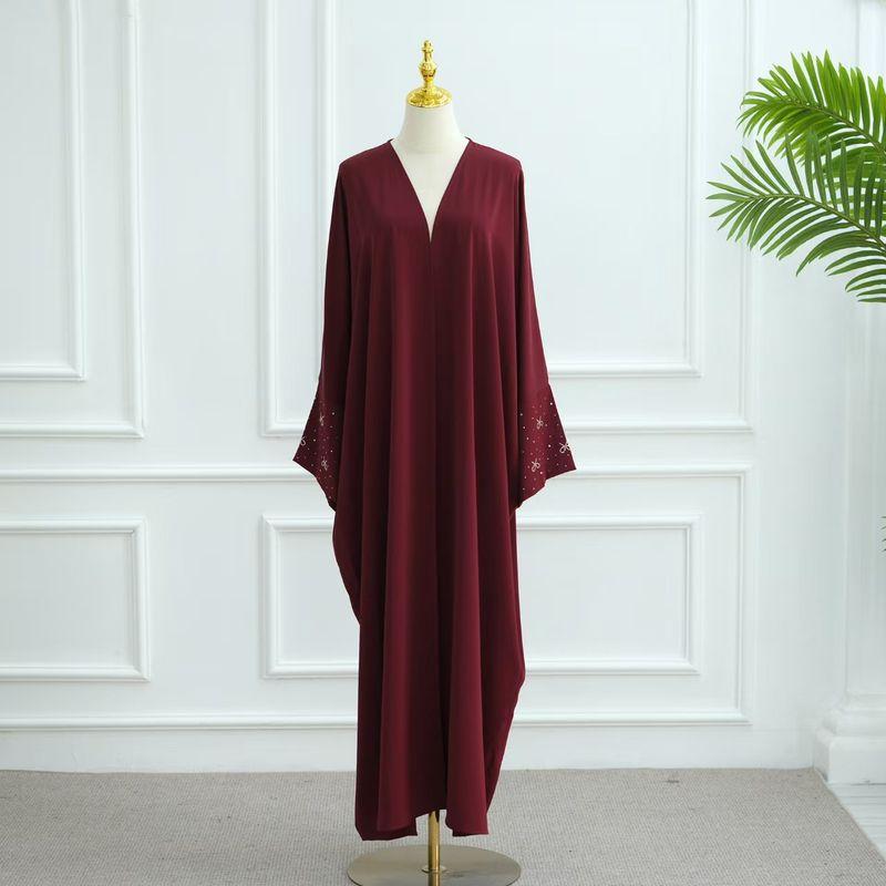 

New Arrival Middle East Dubai Beaded Bowknot Cardigan Robe Dress Nail Bead Bow Robe Dress Burgundy S(52)